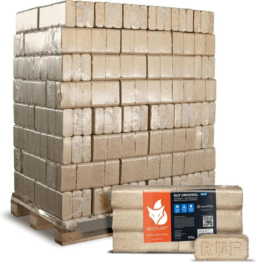 Brykiety z miękkiego drewna Heizfuxx Nestro XL Blue, 960 kg na palecie – 96 x 10 kg, drewno iglaste